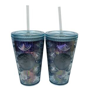 2 Starbucks Coffee 2022 Iridescent Rainbow Mermaid Wave 16 oz Tumblers NEW